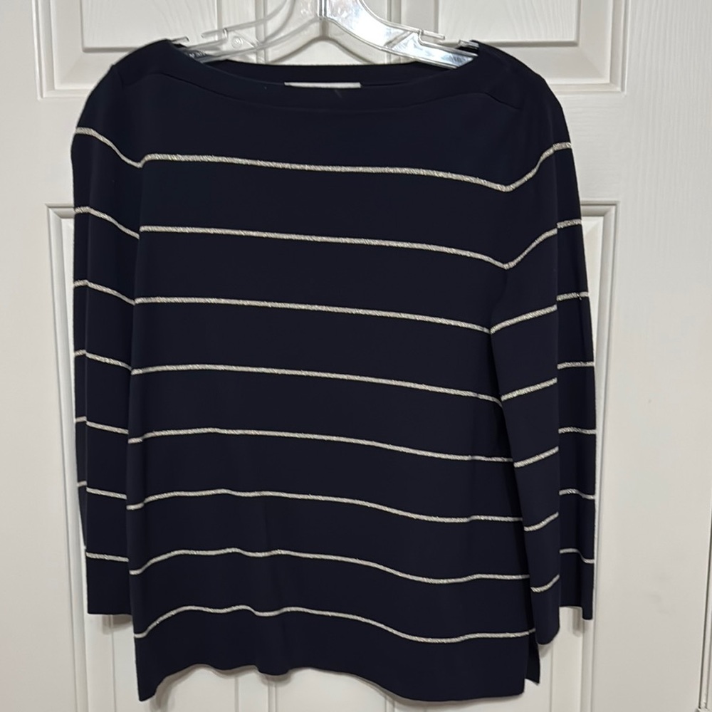 LOFT Navy and Silver Striped Crew Neck Sweater